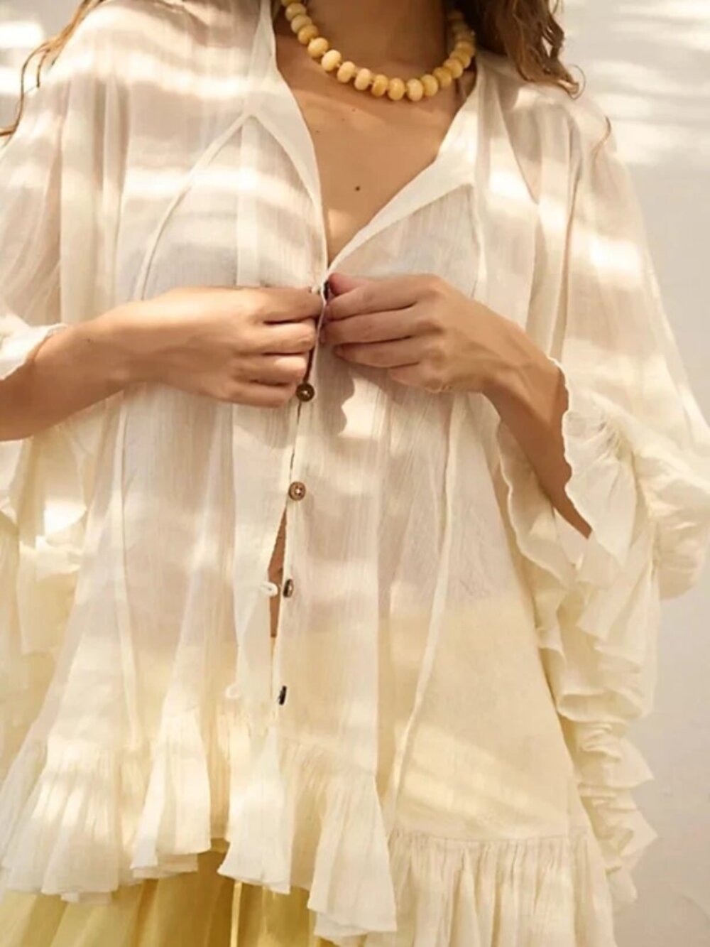 Free People Beachside Blaze Tunic Ruffle V Neck Tie Sheer Top XS
